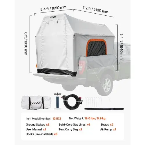 VEVOR Aufblasbares Campingzelt für Ladefläche 219 x 165 x 183 cm, Pickup Zelt Wasserdicht (PU2000 mm) mit Belüfteten Netzfenstern, ideal für Camping Wandern Outdoor-Aktivitäten inklusive Luftpumpe – Bild 6