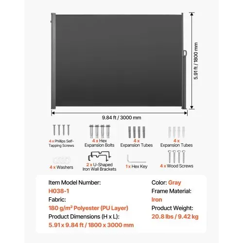 VEVOR Seitenmarkise Ausziehbar 180x300 cm, Seitenrollo aus 180 g/m² Polyestergewebe, Wandmarkise, Windschutz, Sonnenschutz, Sichtschutz, Raumteiler für Garten, Balkon, Pool, Terrasse, Grau – Bild 6
