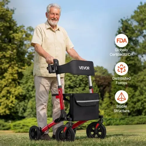 VEVOR Rollator 3-Fach Faltbar mit Sitz, Leichter Gehwagen mit 4 Reifen, Gehhilfe bis 136 kg mit Rückenlehne Tasche Gehstockhalter, Höheverstellbare Laufhilfe mit Feststellfunktion für Senioren, Rot – Bild 7