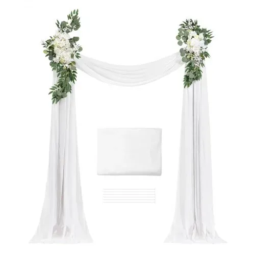 VEVOR Blumenset für Hochzeit Bogen, weiße Blumen für Traubogen mit Vorhängen (3er-Set) – 2 Blumenarrangements, 1 transparente Vorhänge, für Zeremoniensträuße, (Ohne Holzbogenständer) – Bild 8