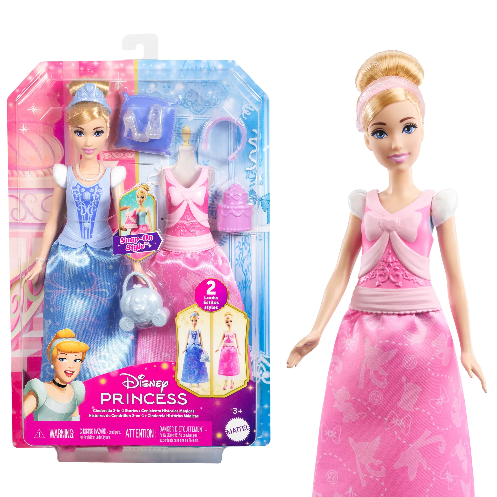 Disney Princess 2-in-1-Geschichten Cinderella-Modepuppe mit 2 Oberteilen zum Anklipsen, 2 Röcken und 9 Accessoires Disney Princess 2-in-1-Geschichten Cinderella-Modepuppe mit 2 Oberteilen zum Anklipsen, 2 Röcken und 9 Accessoires