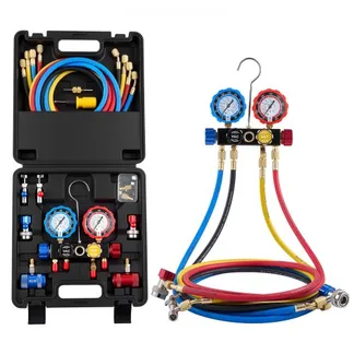 VEVOR AC Klimaanlagen-Manometer-Set für R134a R404A R1234y R22 Kältemittel, 4-Wege-Manometer mit 1,5-m-Schläuchen & Adaptern & Schnellkupplungen & Dosenanschlüssen Geeignet für Kfz-Klimaanlagen VEVOR AC Klimaanlagen-Manometer-Set für R134a R404A R1234y R22 Kältemittel, 4-Wege-Manometer mit 1,5-m-Schläuchen & Adaptern & Schnellkupplungen & Dosenanschlüssen Geeignet für Kfz-Klimaanlagen