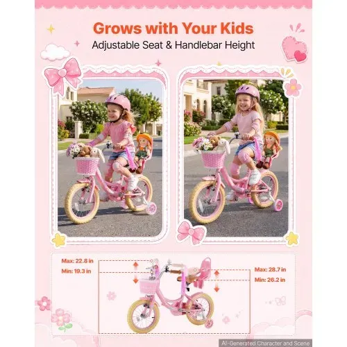 VEVOR Kinderfahrrad für 3-5 Straßenfahrrad 14 Zoll mit Stützrädern Rosa, Kinderrad für Mädchen, Kohlenstoffstahlrahmen, Doppelbremsen, Verstellbarer Sitz, mit Puppensitz & Korb, Prinzessin-Stil – Bild 4