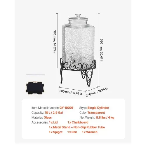 VEVOR Getränkespender (1 x 10 L) für Partys Saftspender (aus Glas) mit tropfsicherem Zapfhahn & Metallständer Wasserspender für Restaurants Partys, Limonade Eistee selbstgemachte Getränke Spender – Bild 6