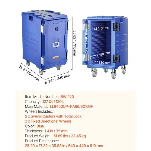 VEVOR Isolierter Speisenbehälterträger Warmhaltebox für Gastronomie 120 L, Speisenbehälter mit Doppelschnallen & Griffen, Speisenbehälterträger Lebensmitteltransportbox für Restaurant Kantine blau – Bild 6