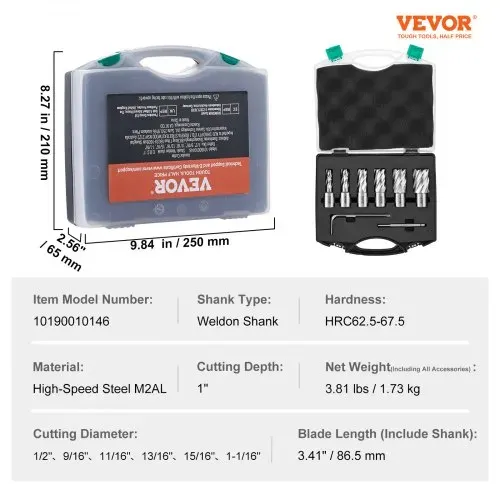 VEVOR Kronenbohrer-Set Metall 6 tlg. 1/2, 9/16, 11/16, 13/16, 15/16, 1-1/16 Zoll Kernbohrer-Satz 25,4 mm Schnitttiefe Ringschneider-Set, aus M2AL-Schnellarbeitsstahl Zubehör für Magnetbohrmaschinen – Bild 6