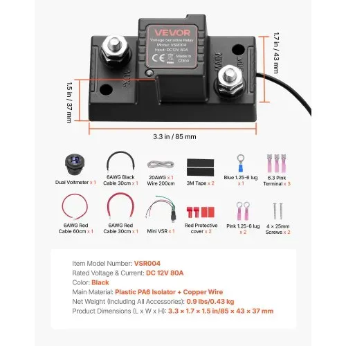 VEVOR Doppelbatterie Trennrelais Kit, 12 V 80 A 0,6 m 13.3 mm² (6 AWG), VSR-spannungsempfindliches Relais mit Voltmeter, LCD-Bildschirm, Batterie-Trennschalter, kompatibel mit Blei-Säure-Batterien, für UTV, ATV – Bild 6