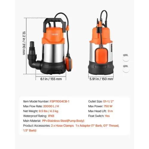 VEVOR Tauchpumpe 750 W 20.000 L/h 9 m Förderhöhe Wasserpumpe Ideal für Pools, Keller & Teiche, Automatischer Schwimmerschalter, Thermoplastisches Material & 3 m Netzkabel, Wasserdicht nach IPX8 – Bild 6