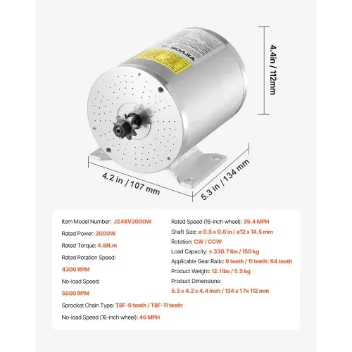 VEVOR 2000 W elektrischer bürstenloser Gleichstrommotor-Bausatz – 48 V 4300 U/min 4,8 Nm Elektromotor mit verbessertem Drehzahlregler, Ideal für Go Karts E-Bike Motorrad Roller – Bild 6