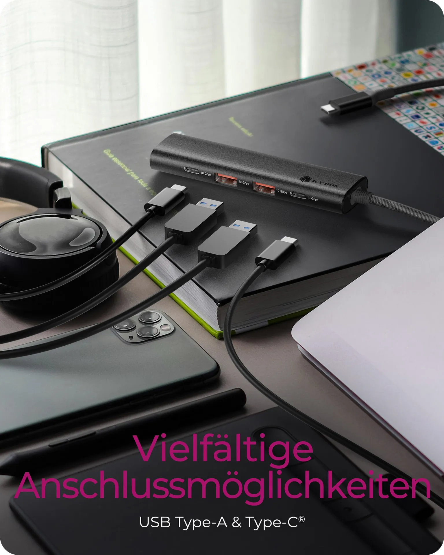 ICY BOX IB-HUB1437-CPD, 4-Port USB 3.2 Gen 2 Hub, 10 Gbit/s, 2x Type-C® + 2x Type-A, 1x USB PD 100 W, 30cm Cable – Bild 3