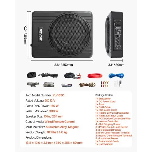 VEVOR Untersitz Auto Subwoofer 300 W 254 mm schlanker Auto Subwoofer mit Stromversorgung, Subsystem mit eingebautem Verstärker, Hoch-/Niedrigpegel-Eingang und Lautstärkeregler für SUVs Lkws – Bild 6
