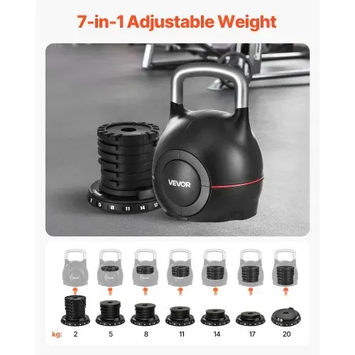 VEVOR Kugelhantel verstellbare Kettlebell mit 7 Gewichtsstufen (2/5/8/11/14/17/20 kg), Schwunghantel aus ABS + Aluminium-Druckguss, für Griffkrafttraining Ganzkörpertraining Cross-Training Schwarz – Bild 4