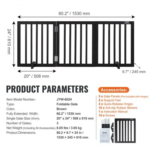 VEVOR Freistehendes Hundetor, Haustiertor, 508 x 610 mm Türschutzgitter 3-Platten-Faltbares Hundetor für Breite & Schmale Durchgänge, Erweiterbare Klappbare Hundebarriere, Braunes Treppenschutzgitter – Bild 10