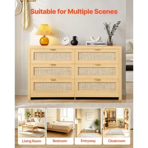 VEVOR Rattankommode Aufbewahrungsschrank mit 6 Schubladen & Metallgriffen, moderner Rattanschrank für Schlafzimmer Wohnzimmer Flur (144,5 x 45 x 79,5 cm) Kleidungsschrank Schubladenschrank – Bild 5