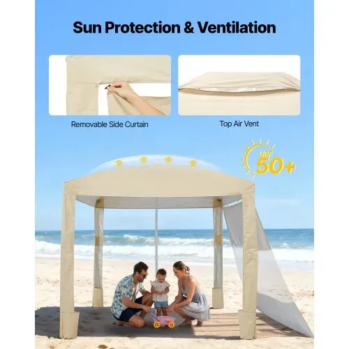 VEVOR Strand-Cabana, 2,4 x 2,4 m Strandüberdachung mit Seitenwand, UPF 50+ Sonnenschutz, Strandpavillon mit Sandsäcken, höhenverstellbarer & tragbarer Sonnenschutz für Familie und Freunde, Khaki – Bild 3