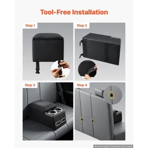 VEVOR Rücksitzbank-Mittelkonsole 435 x 250 x 230 mm Schwarze Staufachbox für Fahrzeuge mit Rücksitzbank, mit 2 Getränkehaltern und Handyhalter, Sicher per Schnalle Befestigt und Neu Positionierbar – Bild 4