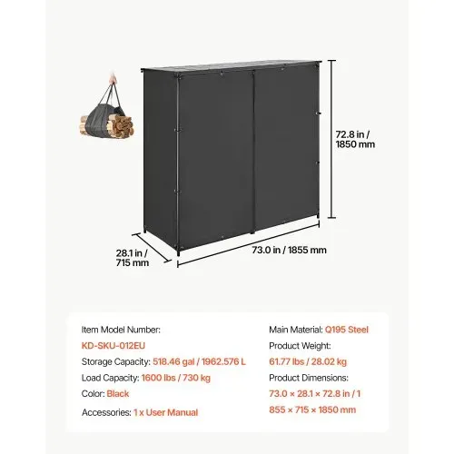 VEVOR Kaminholzregal 3/8 Cord Brennholzregal mit Abdeckung 1855x715x1850 mm, für Kamin, Terrasse & Balkon, Rahmen aus Kohlenstoffstahl Pulverbeschichtet, Tragfähigkeit 730 kg, Kapazität 1962 L Schwarz – Bild 6