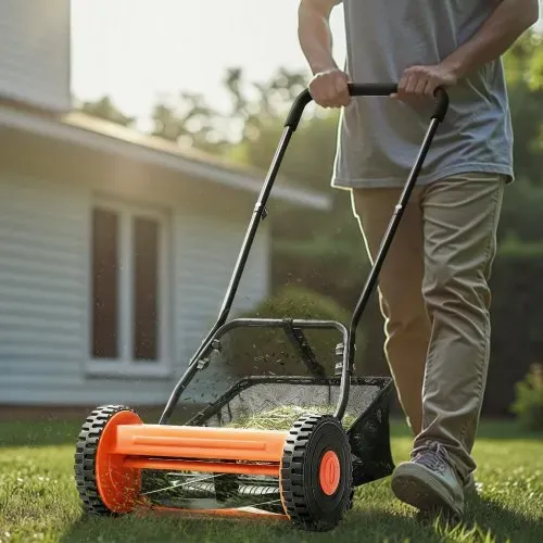 VEVOR Spindelmäher mit 400 mm Schnittbreite, Rasenmäher 15-45 mm einstellbare Schnitthöhe, Handmäher mit 5 Klingen und Grasfangsack, ideal für Rasenflächen, Einfahrten, Innenhöfe – Bild 7