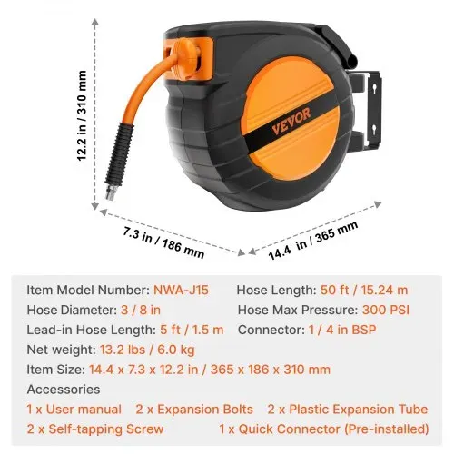 VEVOR Druckluft Schlauchtrommel, 9,52 mm x 15,24 m Luftschlauch, max. 300 PSI, Schlauchaufroller mit automatischem Aufrollen, Decken-/Wandmontage, geschlossene PP-Rolle & 180°-Schwenkhalterung – Bild 6
