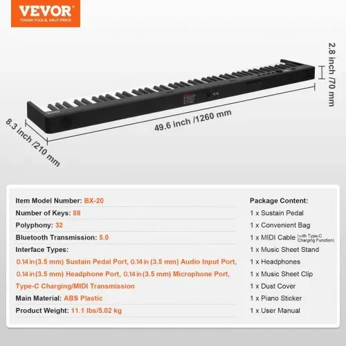 VEVOR 88-Tasten-Klappklavier, Bluetooth und MIDI, tragbares elektronisches digitales Klappklavier mit Sustain-Pedaltasche, berührungsempfindlichen Tasten, Kopfhörern, wiederaufladbar für Anfänger, Jugendliche und Erwachsene, Schwarz – Bild 6