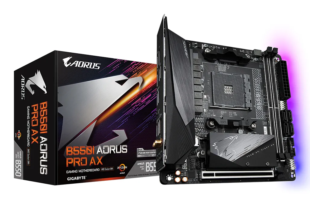 GIGABYTE B550I AORUS PRO AX Mainboard – AMD Ryzen 5000 CPUs, 8 Phasen VRM, bis zu 5300 MHz DDR4, 1xPCIe 4.0 + 1xPCIe 3.0 M.2, Wi-Fi 6E, 2.5GbE LAN, USB 3.2 Gen 2 GIGABYTE B550I AORUS PRO AX Mainboard – AMD Ryzen 5000 CPUs, 8 Phasen VRM, bis zu 5300 MHz DDR4, 1xPCIe 4.0 + 1xPCIe 3.0 M.2, Wi-Fi 6E, 2.5GbE LAN, USB 3.2 Gen 2