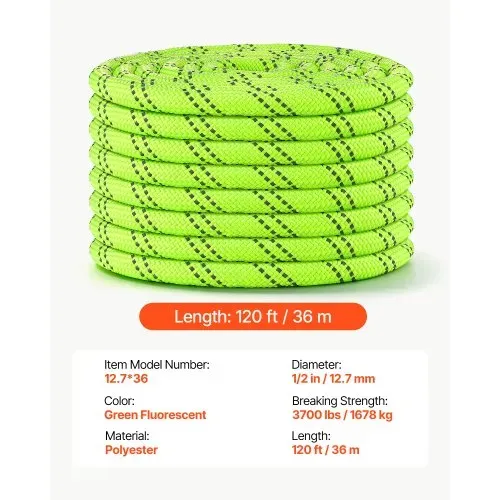 VEVOR Polyesterseil 12,7 mm x 36 m Doppelt Geflochtenes Zugseil Neongrün, Allzweckseil für Festmacher Kletter Camping & Outdoor, 1678 kg Bruchlast, 24 Außen- & 11 Innenstränge, Reflektierendes Design – Bild 6