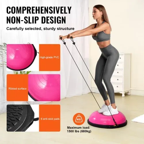 VEVOR Halb-Gymnastikball-Trainer, 66 cm Balance-Ball-Trainer, 680 kg Tragkraft Stabilitätsball, Yoga-Ball mit Widerstandsbändern & Fußpumpe, Yogaball Kraft-Fitnessball im Heim-Fitnessstudio, Rosa – Bild 3