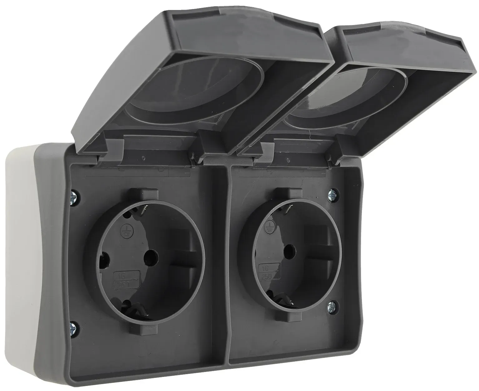 NUQUI Feuchtraum Doppel-Steckdose horiz. IP54, Aufputz, 250V~/ 16A NUQUI Feuchtraum Doppel-Steckdose horiz. IP54, Aufputz, 250V~/ 16A