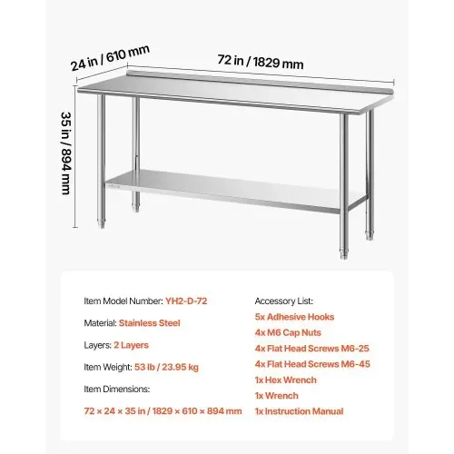 VEVOR Edelstahltisch Gastro 1829 x 610 x 894 mm, Verstellbarer Edelstahltisch mit Aufkantung, Arbeitstisch mit Grundboden für Restaurant Schwerlast Obere Ablage (263 kg) Untere Ablage (218 kg) – Bild 6