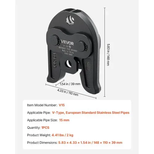 VEVOR V15 Pressbacke, 15 mm Presszange für V-Typ Edelstahlrohre, Crimpbacken aus Stahl, kompatibel mit Standard-Presswerkzeugen, Heizungs-, Lüftungs- & Klimasysteme, Gasleitungen – Bild 6