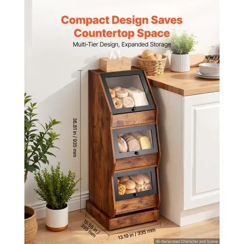 VEVOR Brotkasten Freistehend Brotschrank mit vier Rollen aus MDF Braun Ideal für Bagels, Muffins & Selbstgebackenes Brot, Einschiebbare Klapptüren mit Griffen, Transparentem Acrylfenster, 3 Ebenen VEVOR Brotkasten Freistehend Brotschrank mit vier Rollen aus MDF Braun Ideal für Bagels, Muffins & Selbstgebackenes Brot, Einschiebbare Klapptüren mit Griffen, Transparentem Acrylfenster, 3 Ebenen