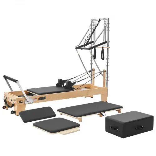 VEVOR Pilates Reformer mit Half Tower 2400 x 735 x 1990 mm aus Ahornholz Ideal für Heimgebrauch & Fitnessstudio, bis 181 kg Belastbar, mit Jumpboard, Federn, Pilates-Box und Verstellbarer Kopfstütze – Bild 9