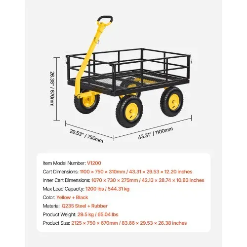 VEVOR Bollerwagen 544,31 kg, Transportwagen, Gartenwagen, Gerätewagen, 2-in-1-Handwagen mit All-Terrain-Reifen, abnehmbaren Seitenteilen aus Netzmaterial & um 180° drehbarem Griff, Gelb/Schwarz – Bild 6
