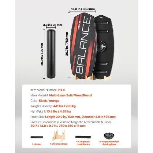 VEVOR Balance Board Set für Erwachsene (78 cm), Wackelbrett bis 200 kg Belastbar, inkl. Rolle, Magnetstoppern & Ablage, Gleichgewichtstrainer für Surf- & Core-Training, Physiotherapie, Schwarz – Bild 6