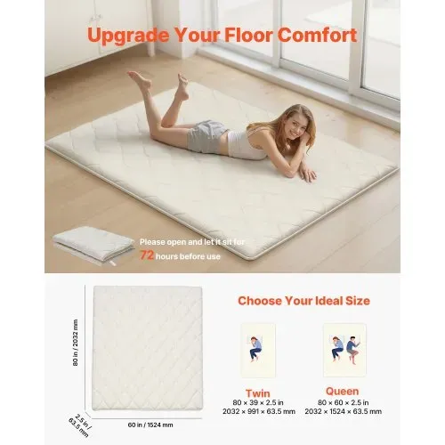 VEVOR japanische Futon-Matratze (2032 x 1524 x 63,5 mm), faltbare Tatami (Queen Size), Bodenmatratze mit Aufbewahrungstasche & Befestigungsmaterial, 9-lagige Schlafmatte für Meditation Yoga, Weiß VEVOR japanische Futon-Matratze (2032 x 1524 x 63,5 mm), faltbare Tatami (Queen Size), Bodenmatratze mit Aufbewahrungstasche & Befestigungsmaterial, 9-lagige Schlafmatte für Meditation Yoga, Weiß