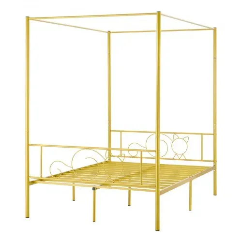 VEVOR Himmelbettrahmen (Full Size), Metallhimmelbett mit minimalistischem Kopfteil & Himmelbett-Design, robuste Stahllattenstütze (rund), Stauraum unter dem Bett, kein Boxspring erforderlich, Gold – Bild 8