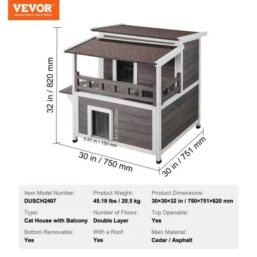 VEVOR Katzenhaus für draußen, wetterfest, Unterschlupf für Wildkatzen für mehrere Katzen, großes 2-stöckiges Katzenhaus aus Holz für draußen mit Balkon, Türen, PVC-Türklappen und offenem Dach, 76,2 cm L x 76,2 cm B x 81,3 cm H – Bild 6