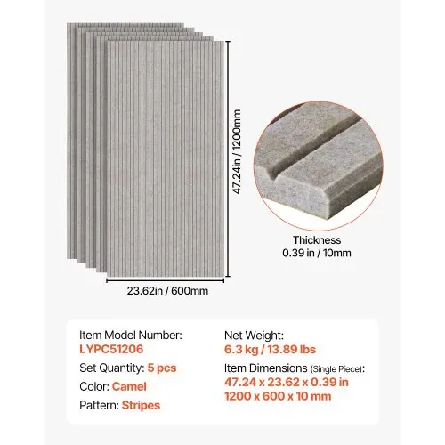 VEVOR 5er-Pack Akustikplatten mit Selbstklebeband, 1200x600x10 m schalldichte Schaumstoffplatten, Akustik Wandpaneele aus Polyesterfaser, für Zuhause, Studio, Büro, Theater, Kamel – Bild 6