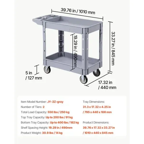VEVOR Servicewagen Werkstattwagen Rollwagen aus PP 1010x440x845mm Grau, Werkzeugwagen mit 250 kg Tragkraft, Inkl. 2 Ebene 4 Rollen & Griff mit Ablagefach, Allzweckwagen für Garage Lager Werkstatt – Bild 6