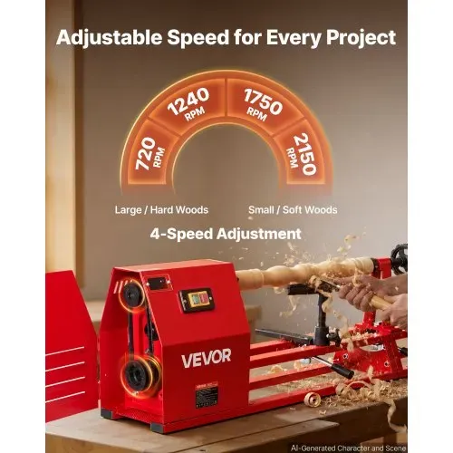 VEVOR Drechselbank 355 x 1016 mm 1/2 PS Tischdrehbank mit 4 Drehzahlstufen für Tischbeine Spazierstöcke und Große Holzwerkstücke, mit Thermoschutz, Robustem Metallrahmen sowie Werkzeug- und Zubehörset – Bild 2