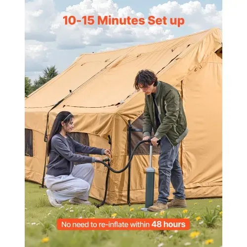 VEVOR Aufblasbares Zelt für Camping, 5-8 Personen Zelt mit Handpumpe, 4x3x2,2 m Glamping-Zelt mit 2 Oberlichtern, Baldachin, Ofenanschluss, 2 Türen, Netzfenstern & Aufbewahrungstasche – Bild 2