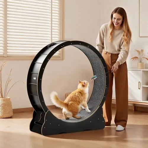 VEVOR Katzenlaufrad, 1080 mm Innendurchmesser, Laufrad aus Holz für 8,6-12,7 kg Katzen, Katzenlaufband mit Teppichlauffläche & Verriegelungsmechanismus, leises Spielzeug für Wohnungkatzen, Schwarz – Bild 7