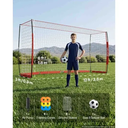 VEVOR Fußballtor 3,6 x 1,8 m Klappbares Soccertor mit Fiberglasrahmen Rot, für Fußballplätze Parks und Schulen, Polyesternetz bis 113 km/h, Bodenanker, Metallsockel und Oxford-Aufbewahrungstasche – Bild 6