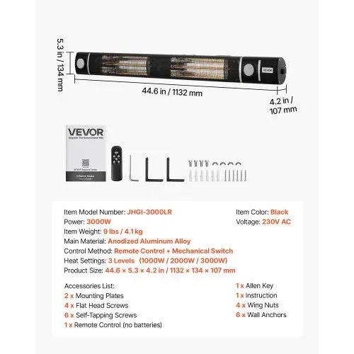 VEVOR Infrarot Heizstrahler 3000W Infrarotstrahler WLAN-Steuerung Wandgerät, Infrarotheizung für Garten Terrasse Balkon, Fernbedienung & Tastensteuerung, 3 Heizstufen, IP55-Schutz, Aluminiumlegierung – Bild 6