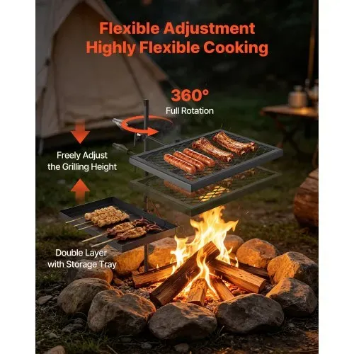 VEVOR Lagerfeuergrill Schwenkbar mit Grillrost Grillplatte Kohlenstoffstahl, 360° Höhenverstellbarer Schwenkgrill mit Grillständer, Drehbarer Outdoor-Grill für Offenes Feuer, Camping und Garten – Bild 4