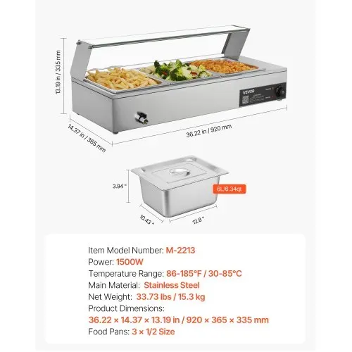 VEVOR kommerzieller Speisenwärmer mit Glasabdeckung & 3 Behälter (1/2-Größe) 1,5 kW Buffetwärmer Edelstahl, Buffetbehälter Buffet-Wasserbad Speisenwärmstation für Restaurants Partys Buffets – Bild 6