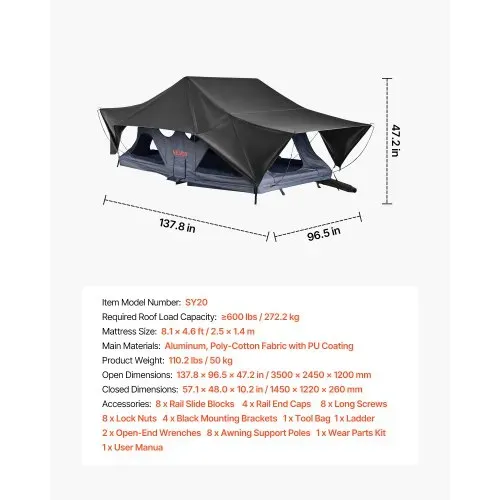 VEVOR Autodachzelt Hartschalen für 2-3 Personen, Faltbares Campingzelt aus Aluminium mit Dreifarbiger LED-Beleuchtung & Dicker Matratze & 10 Fenstern, Wasserfest & Windicht, für Jeep SUV Pickup – Bild 6