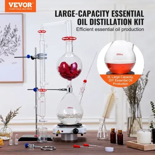 VEVOR Destillationsset für Ätherische Öle, 2000-ml-Destillationsgerät, 3,3-Boro-Laborglas-Destillationsset mit 1500-W-Heizplatte und 24-, 40-Verbindung, 28-teiliges Set VEVOR Destillationsset für Ätherische Öle, 2000-ml-Destillationsgerät, 3,3-Boro-Laborglas-Destillationsset mit 1500-W-Heizplatte und 24-, 40-Verbindung, 28-teiliges Set