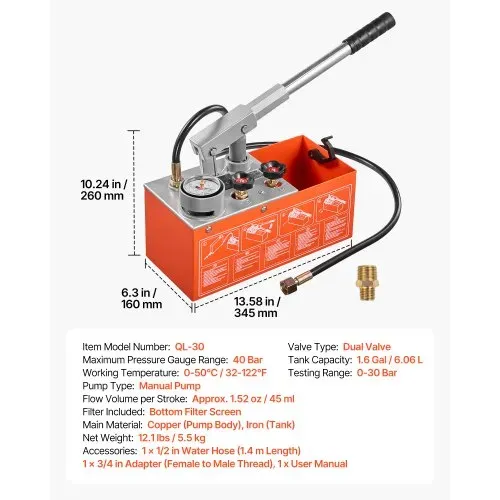 VEVOR Hydraulische Abdrückpumpe Druckprüfpumpe 6,06 L 0-30 bar Doppelventil, Handdruckpumpe mit Manometer und Tank, für Rohrleitungen, Wasserleitungen, Heizungen, Druck- und Leckprüfung – Bild 6