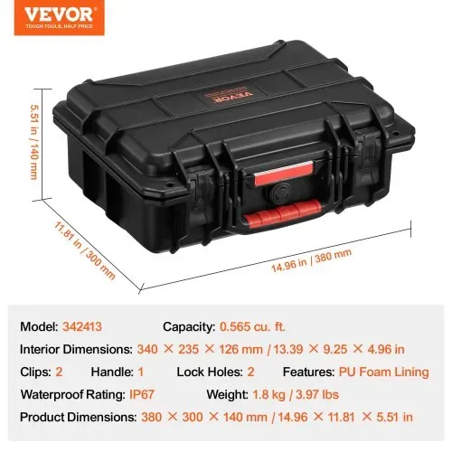 VEVOR wetterfester Hartschalenkoffer Trockenboxen mit vorgeschnittenem Schaumstoff und einziehbaren Griffen für Reisen, IP67 wasserdichtes Gehäuse für Kameras Schwarz (38 x 30 x 14 cm) – Bild 6